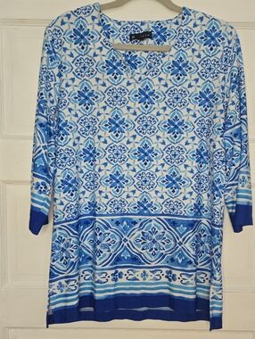 N Touch Women's Blue & White Geometric Tunic Large_140